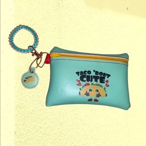 Handcrafted bag “Taco bout Cute” in soft mint vinyl Wristlet , tag w/ rose gold